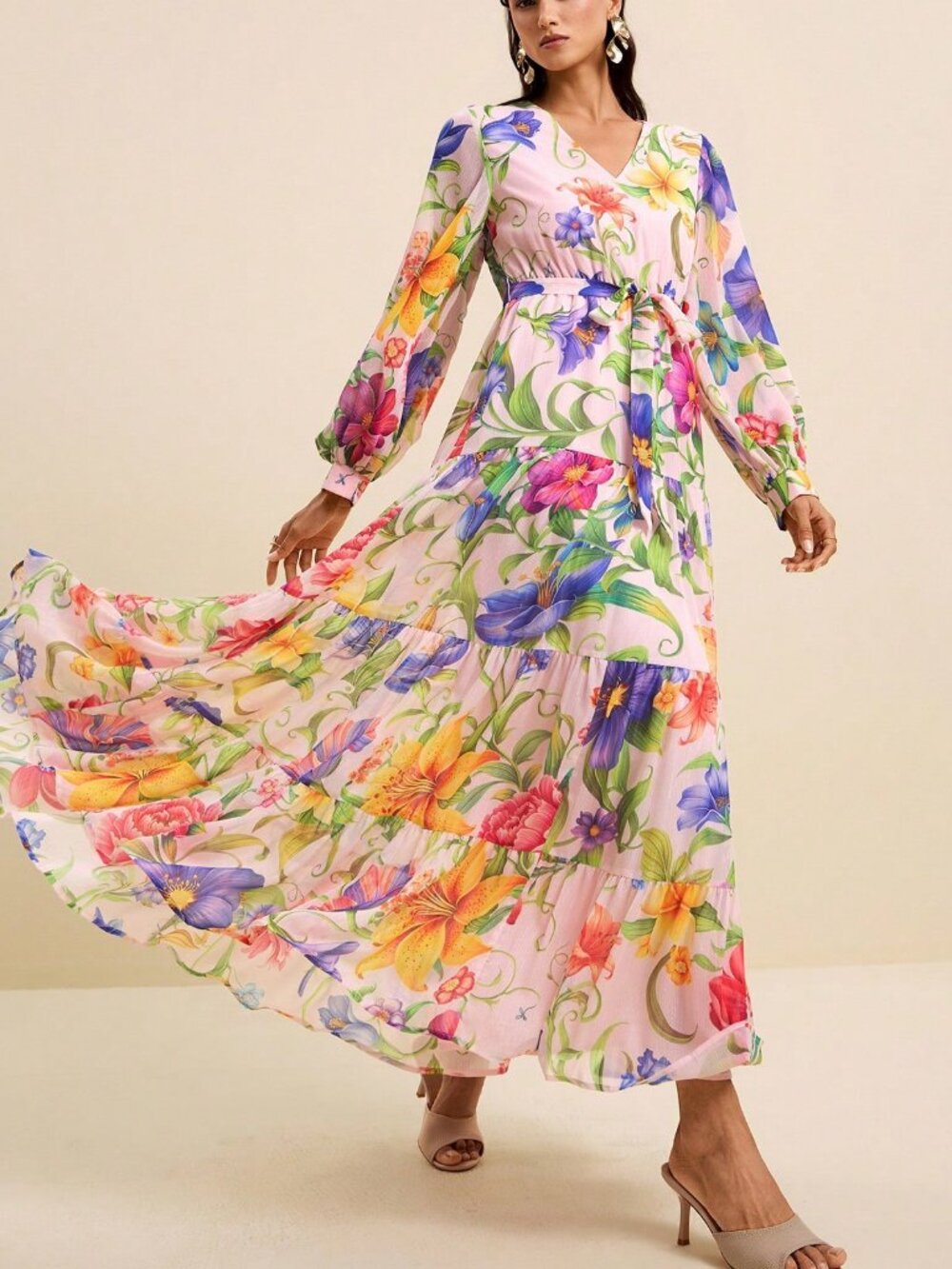 Multicolor Boho Women's V-Neck Long Sleeve Cinched Waist Tropical Floral Dress - Picture 5 of 8